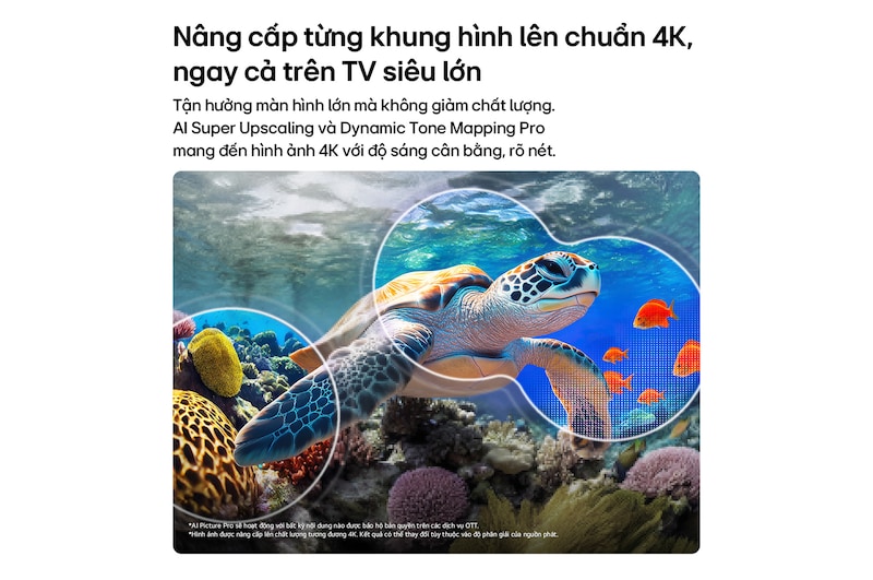 LG QNED evo AI QNED82 Mini LED with AI Picture Pro and Dynamic Tone Mapping Pro shows an underwater scene of a sea turtle gliding above coral and fish, as AI recognizes and upscales each frame up to 4K resolution.
